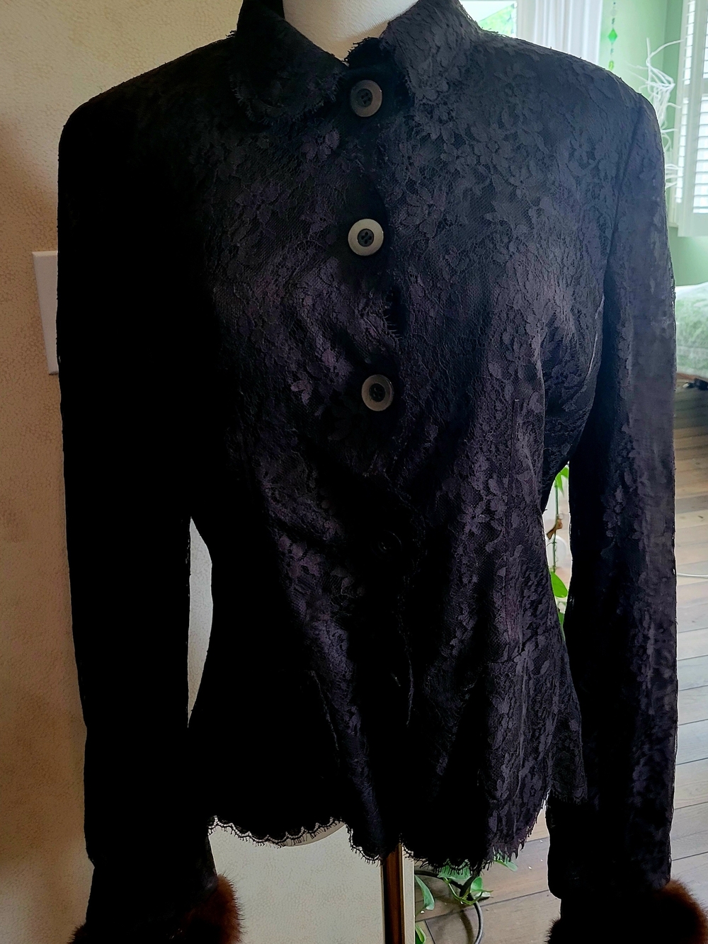 Carlisle  Dark Chocolate Floral Lace Button-Front Blazer With Mink Cuffs